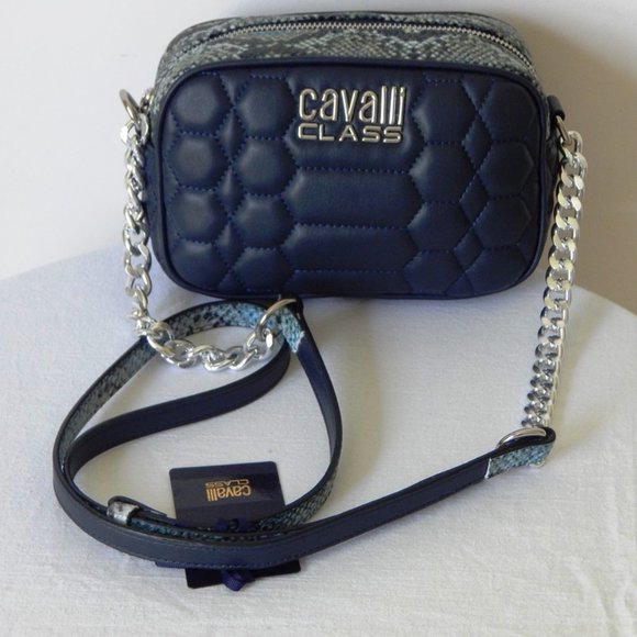 NWT CAVALLI CLASS Chain Link Python Print Top Dark Blue Small Cross-body Bag - Picture 7 of 13